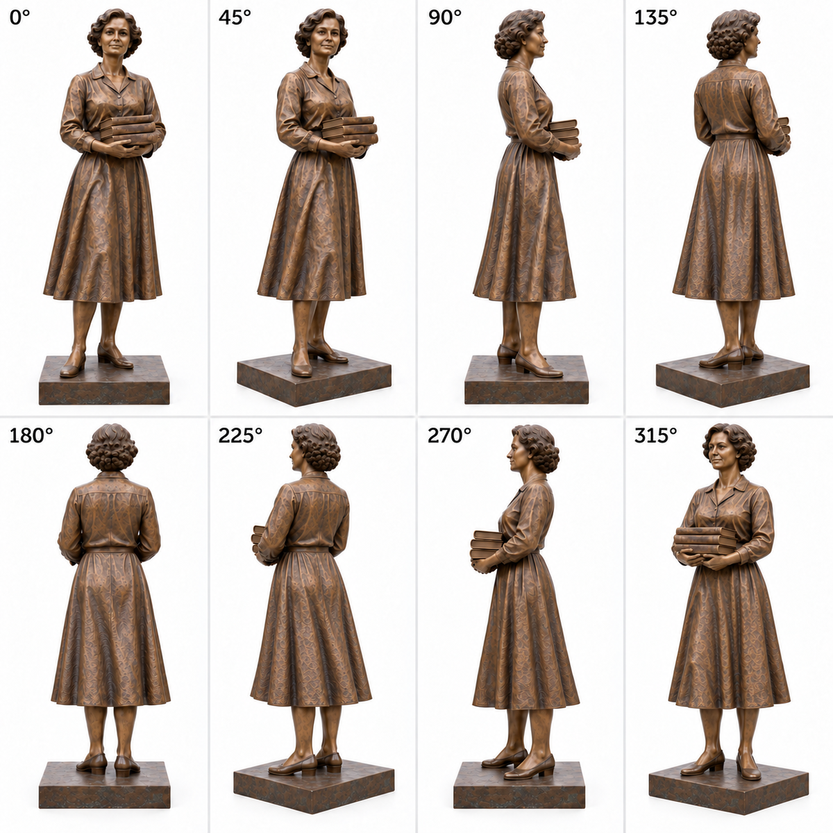 Keeper of Stories Warm Bronze Standing Woman with Books sculpture - eight angle sheet
