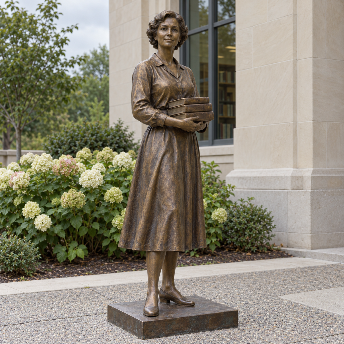 Keeper of Stories, warm bronze standing woman with books sculpture in a natural-light setting.