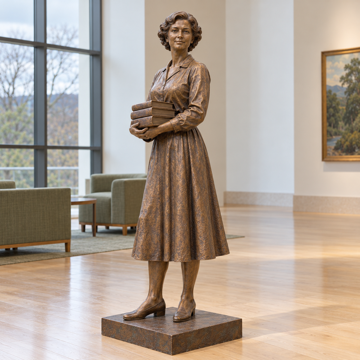 Keeper of Stories Warm Bronze Standing Woman with Books sculpture - scene 315
