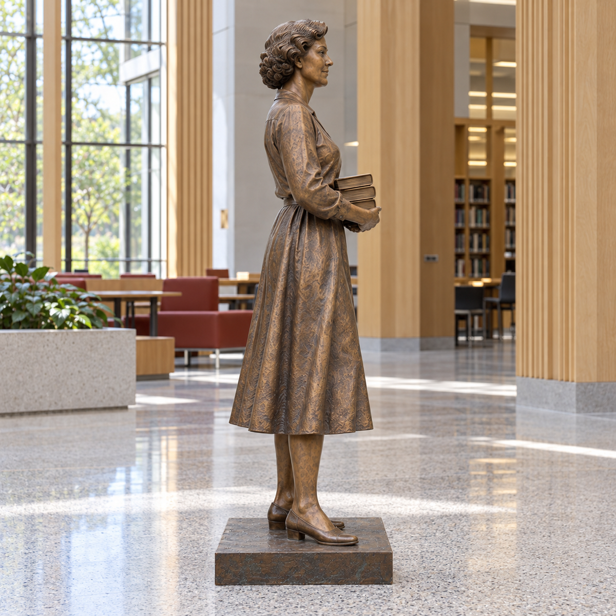 Keeper of Stories Warm Bronze Standing Woman with Books sculpture - scene 90