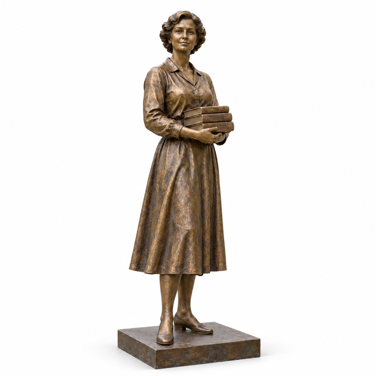 Keeper of Stories Warm Bronze Standing Woman with Books sculpture - white background