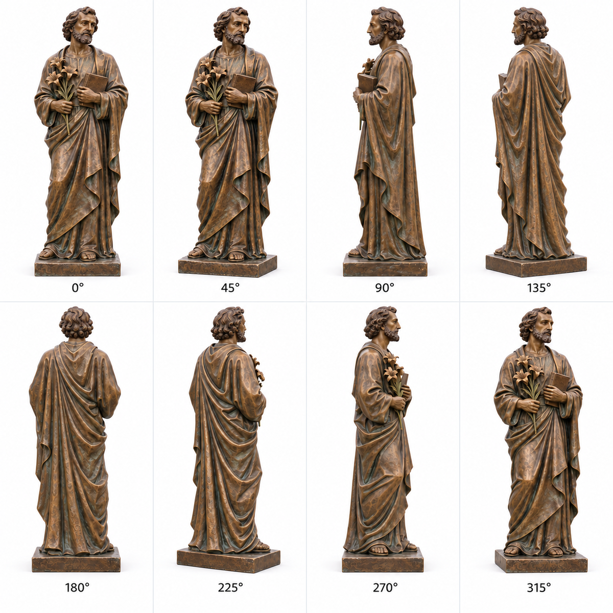 Eight labeled views of Keeper of the Lily bronze Saint Joseph sculpture holding a lily and book, showing front, side and rear details.