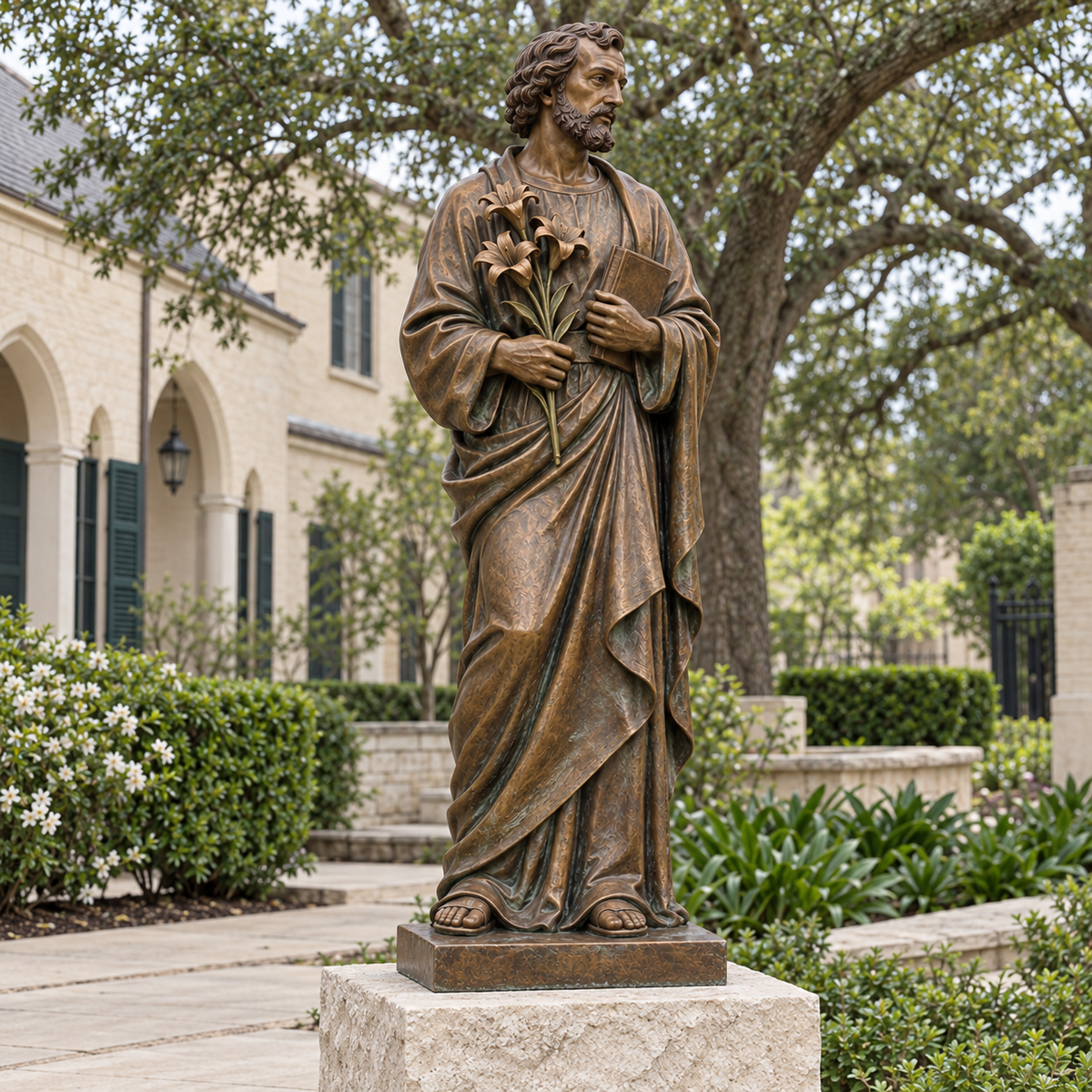 Opposite front three-quarter view of bronze Saint Joseph sculpture holding a lily and book in a Louisiana church cloister, pale limestone walk, live oak canopy and deep green shutters, humid cloudy light.