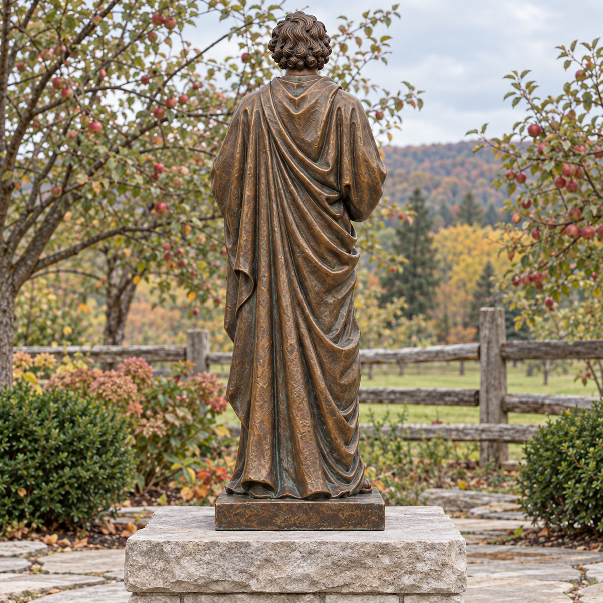 Rear view of bronze Saint Joseph sculpture holding a lily and book in a Vermont monastery orchard, flat fieldstone platform, apple trees and weathered board fence, soft autumn daylight.