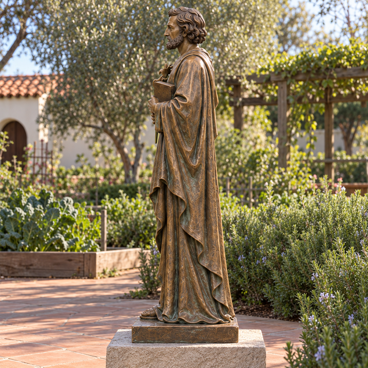 Side view of bronze Saint Joseph sculpture holding a lily and book in a California mission vegetable garden, broad terracotta path, rosemary hedge and distant timber pergola, late afternoon.