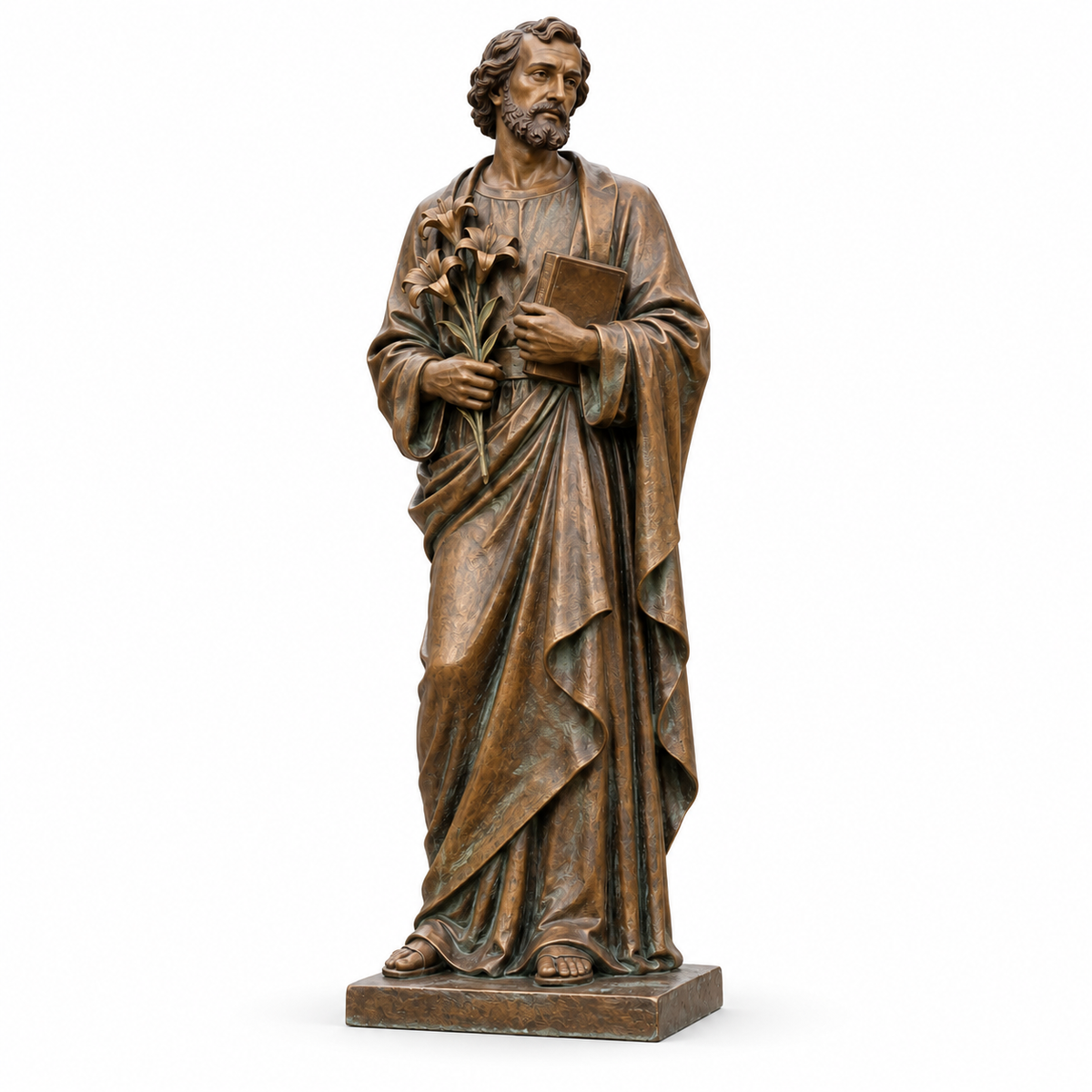 Keeper of the Lily bronze Saint Joseph sculpture holding a lily and book and its integral base on a white background.