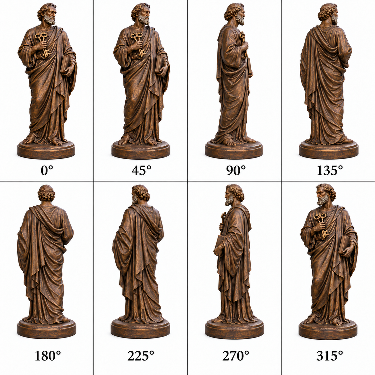 Keys of Stewardship Warm Bronze Saint Peter with Keys sculpture eight-view reference sheet