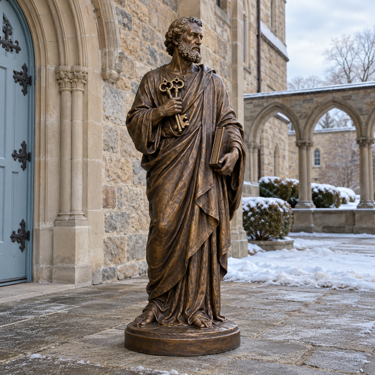 Keys of Stewardship Warm Bronze Saint Peter with Keys sculpture in an architectural setting