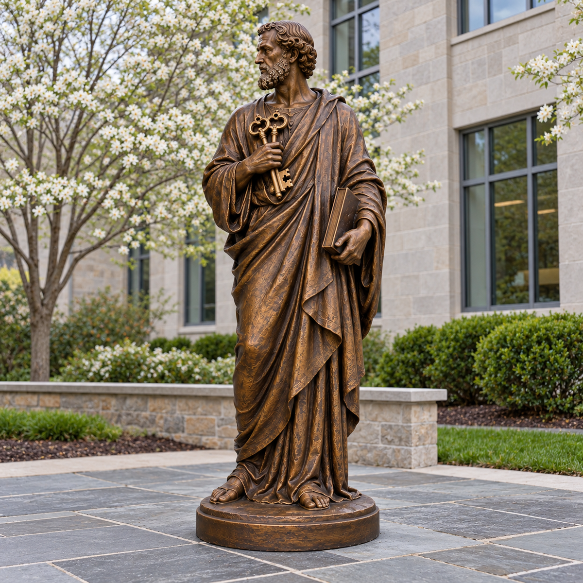 Keys of Stewardship Warm Bronze Saint Peter with Keys sculpture opposite-front view in Maryland Catholic school prayer terrace slate slabs dogwood leaves overcast