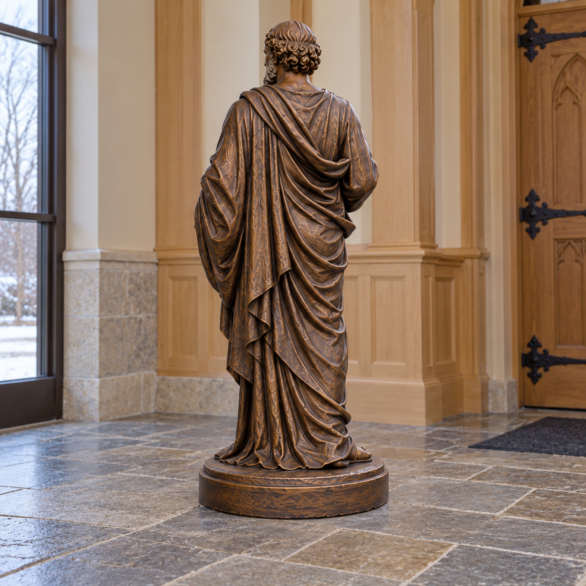 Keys of Stewardship Warm Bronze Saint Peter with Keys sculpture rear view in Iowa rural church vestibule pale maple paneling patterned stone floor cool morning light