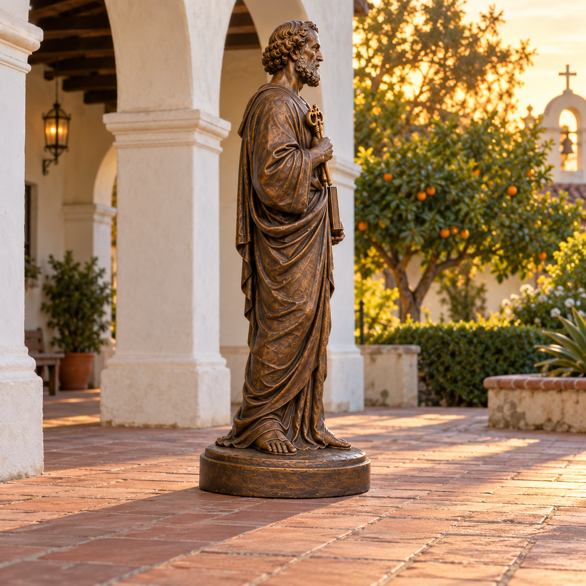 Keys of Stewardship Warm Bronze Saint Peter with Keys sculpture side view in California mission arcade with limewashed columns terracotta pavers and orange tree at sunset