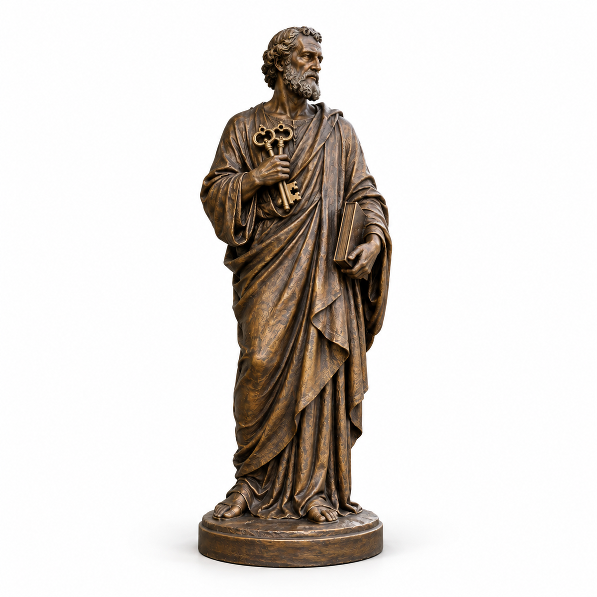 Keys of Stewardship Warm Bronze Saint Peter with Keys sculpture on a white background