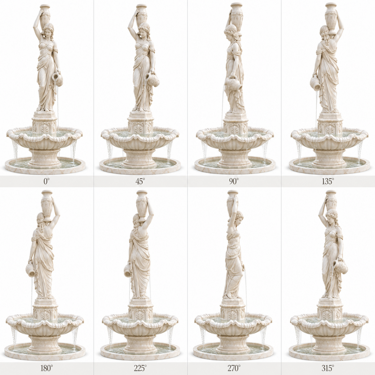 360 degree views of Lady of the Fountain white marble classical woman sculpture shown from eight different angles