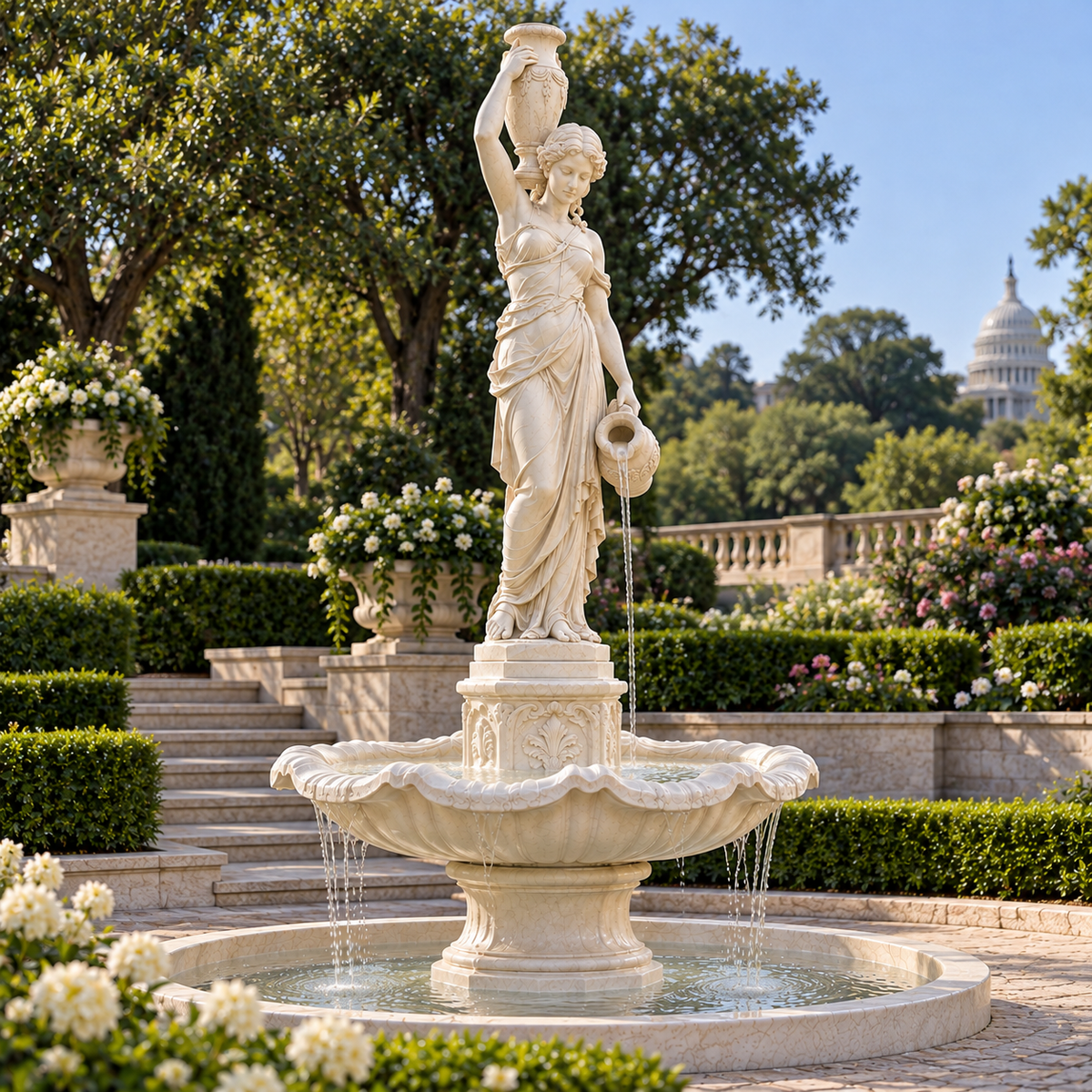 Lady of the Fountain White Marble Classical Woman Sculpture — formal civic garden.
