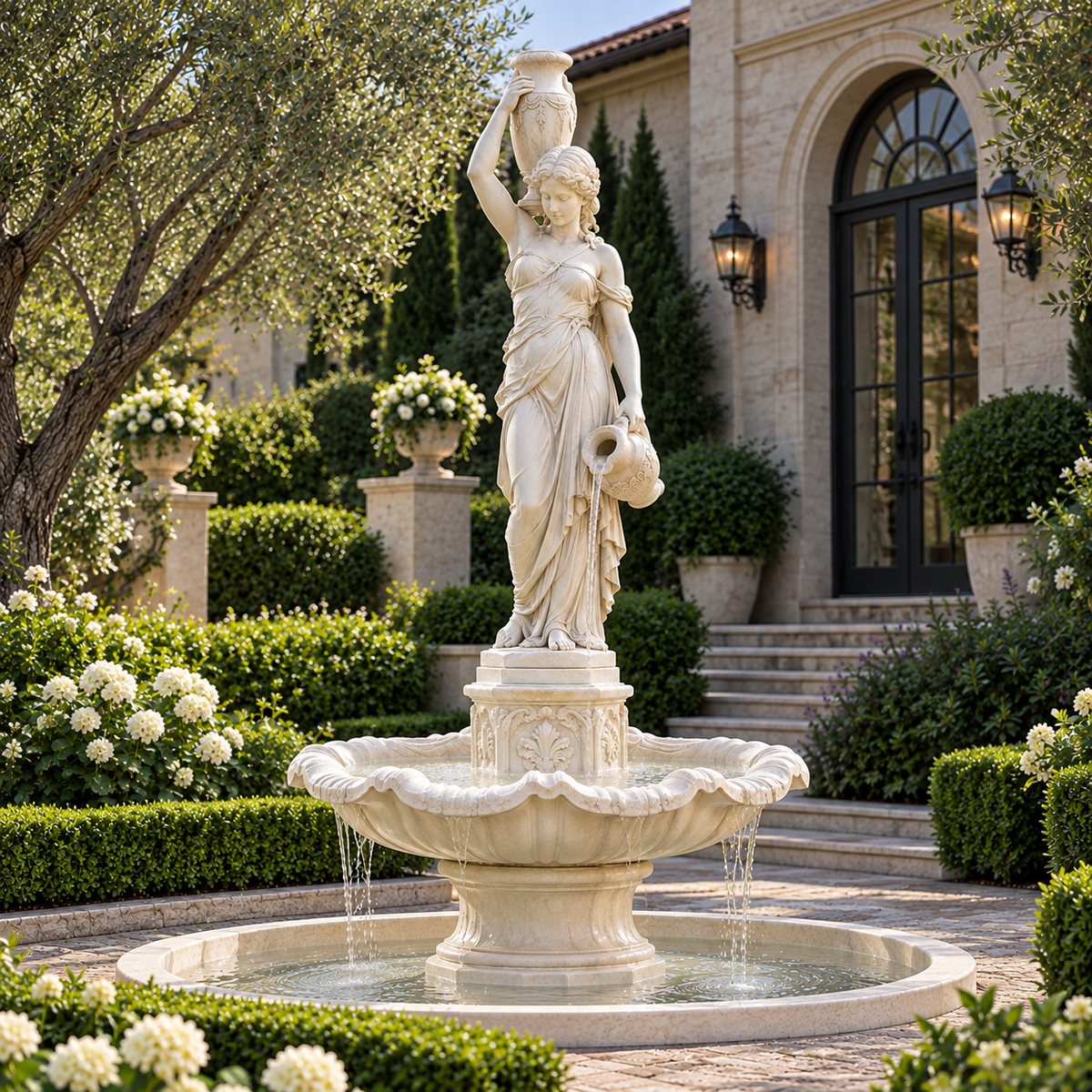 Lady of the Fountain white marble classical woman sculpture displayed as an elegant outdoor garden water feature in a luxurious courtyard setting