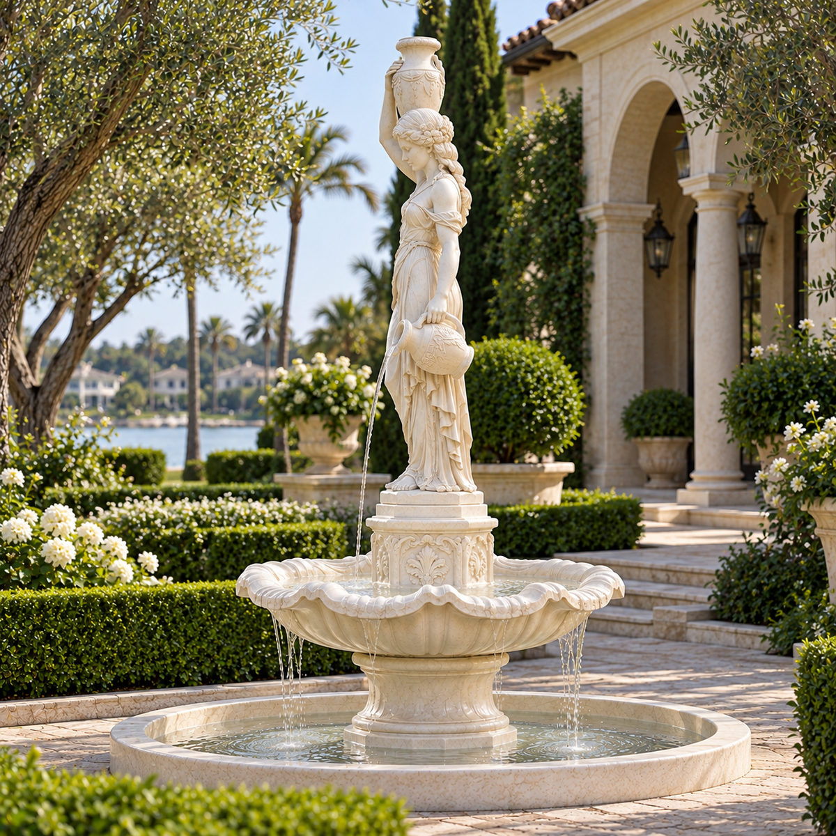 Lady of the Fountain White Marble Classical Woman Sculpture — palm-lined villa garden viewed from the side.