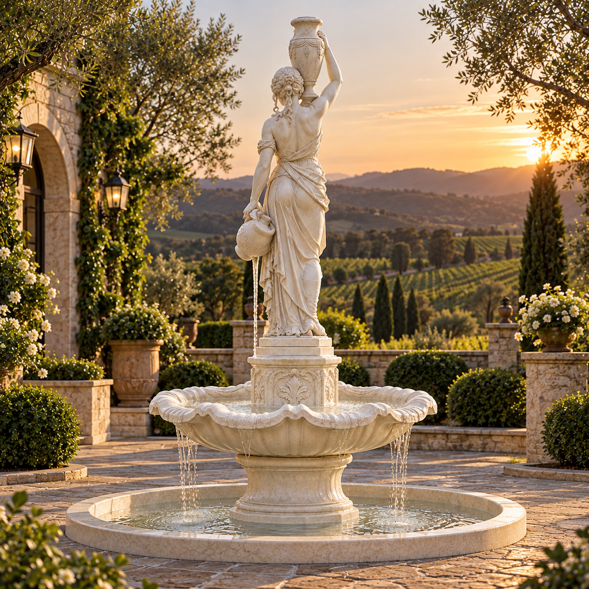 Lady of the Fountain White Marble Classical Woman Sculpture — vineyard courtyard at sunset.