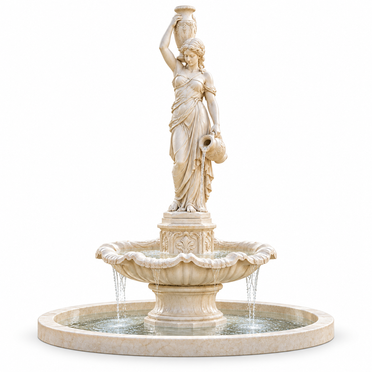 Lady of the Fountain white marble classical woman sculpture on a white background featuring a refined outdoor garden water feature design