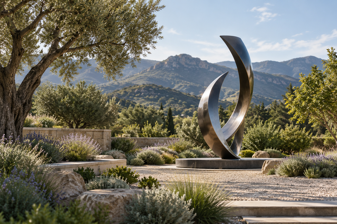 Contemporary outdoor sculpture installed in a landscaped garden with natural stone paving and mountain views.