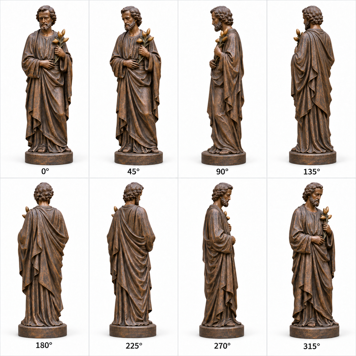 Eight labeled front, side and rear views of Lily of Dawn bronze saint joseph with lily sculpture on a pure white background.