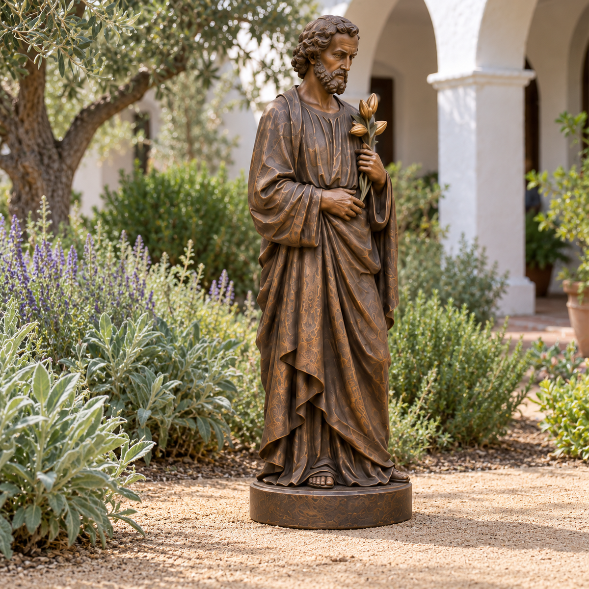 Opposite front three-quarter view of Lily of Dawn bronze saint joseph with lily sculpture in a different garden setting.