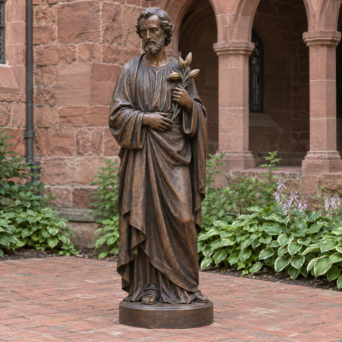 Lily of Dawn bronze saint joseph with lily sculpture in a naturally lit outdoor setting.