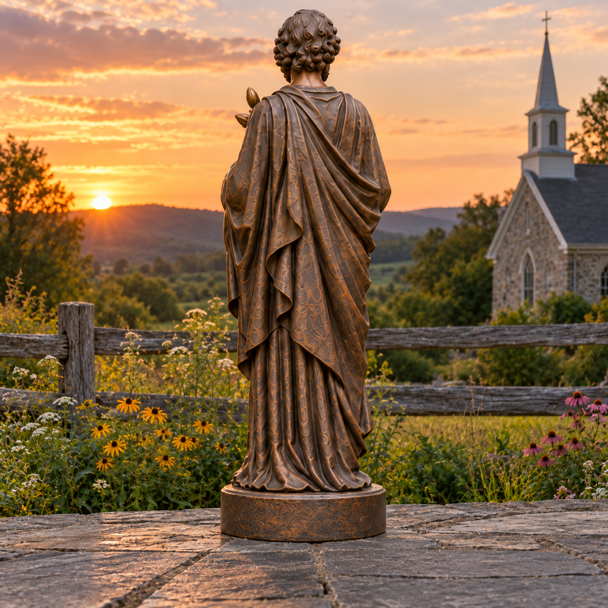 Rear view of Lily of Dawn bronze saint joseph with lily sculpture showing the back and base.