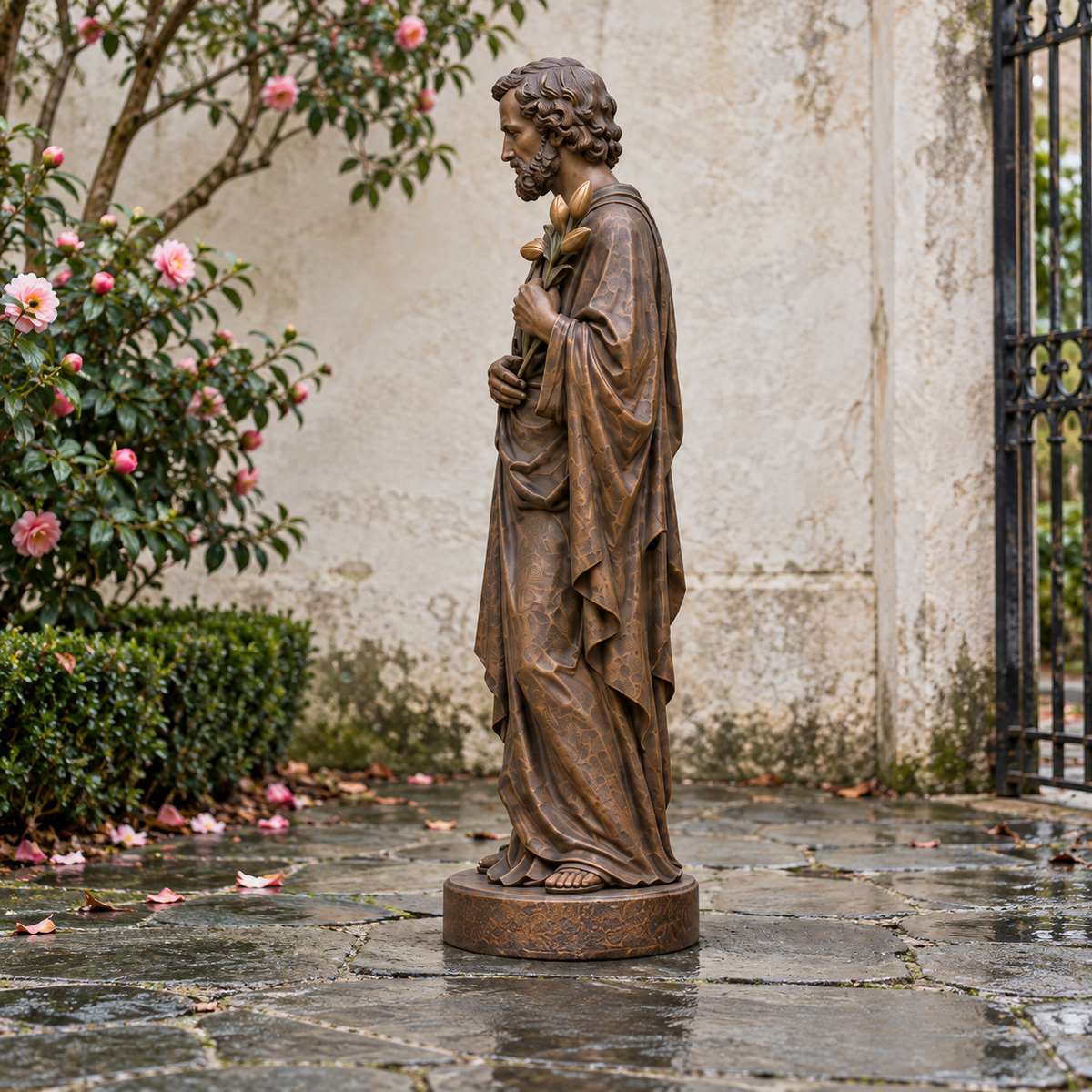 Side view of Lily of Dawn bronze saint joseph with lily sculpture in a garden setting.