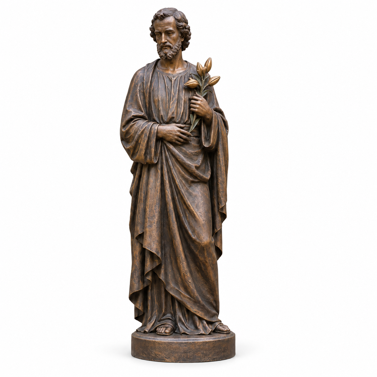 Lily of Dawn bronze saint joseph with lily sculpture isolated on white with its integral base.