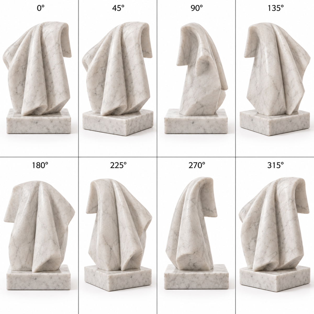 Eight labeled 360-degree views of Linen Afterlight white marble abstract draped fold sculpture on a pure white background.