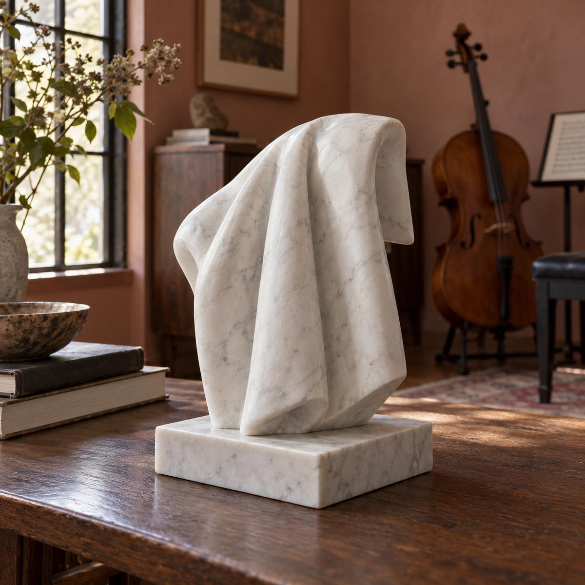 Linen Afterlight white marble abstract draped fold sculpture photographed in natural light.