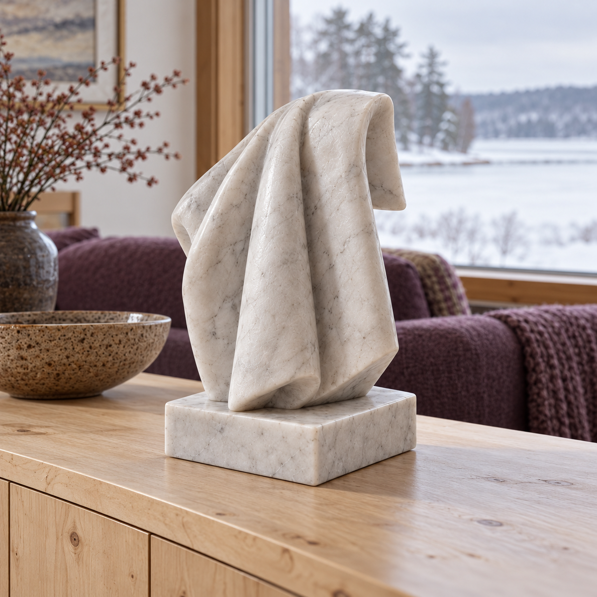 Opposite front three-quarter view of Linen Afterlight white marble abstract draped fold sculpture in a separate natural-light setting.