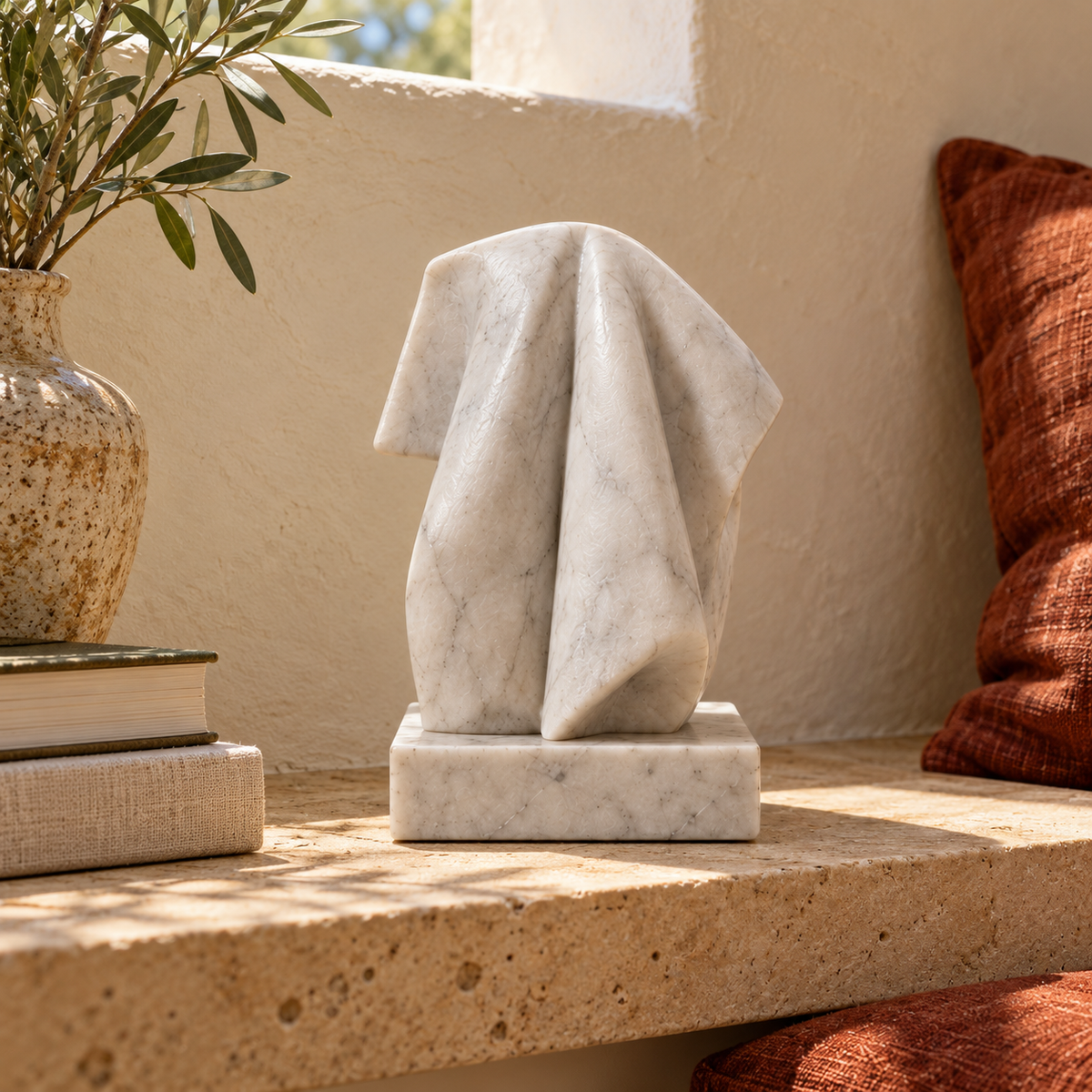 Rear view of Linen Afterlight white marble abstract draped fold sculpture, showing its back and base.