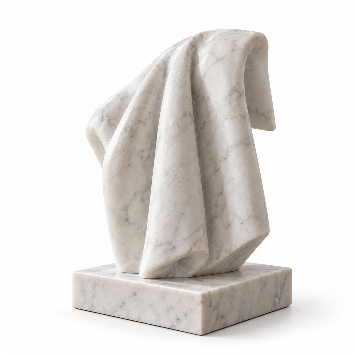 Linen Afterlight white marble abstract draped fold sculpture on a pure white background with its base and natural contact shadow.