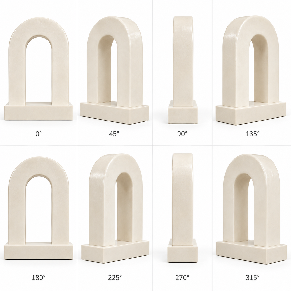 Linen Bridge, ivory fiberglass minimalist twin pillar arch sculpture, eight-angle display on pure white background