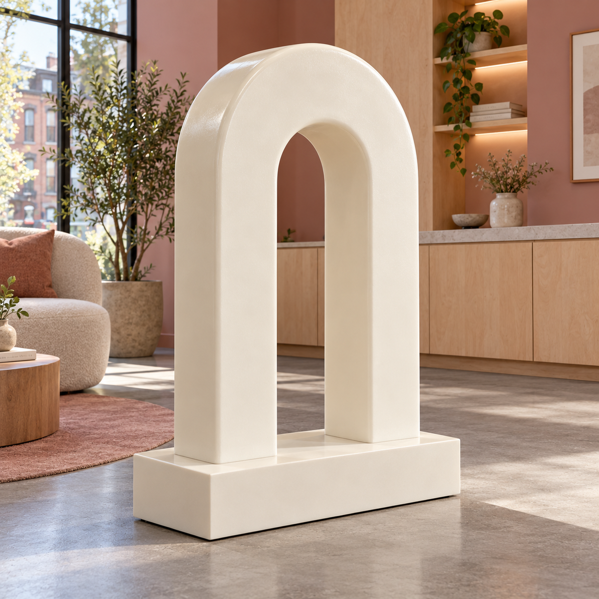 Linen Bridge, ivory fiberglass minimalist twin pillar arch sculpture, front oblique view in Baltimore therapy interior dusty rose birch cabinetry gray floor