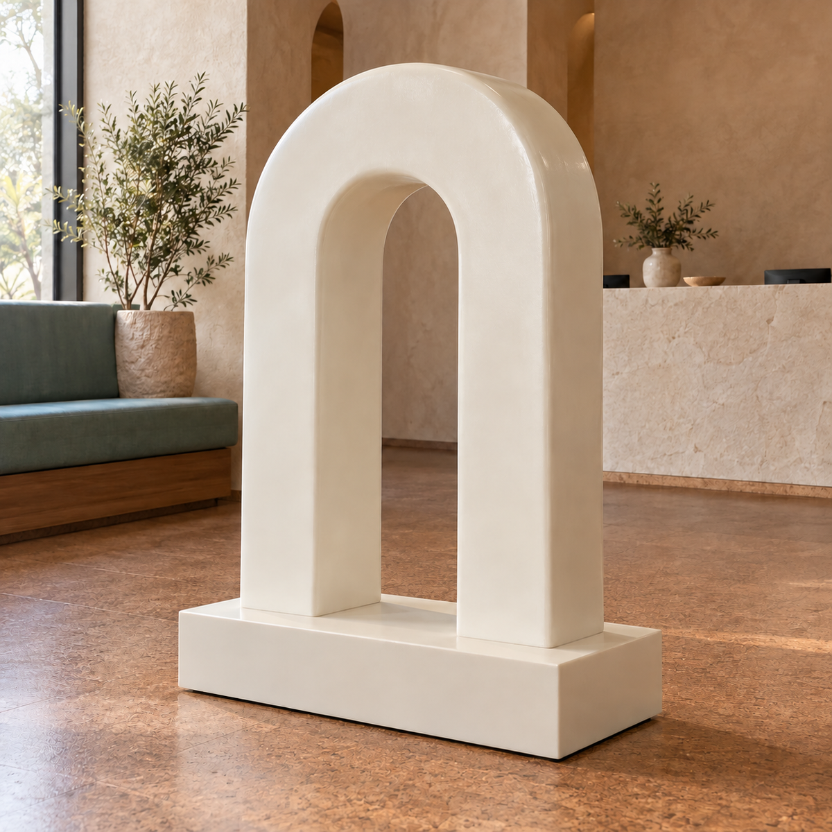 Linen Bridge, ivory fiberglass minimalist twin pillar arch sculpture, featured installation view
