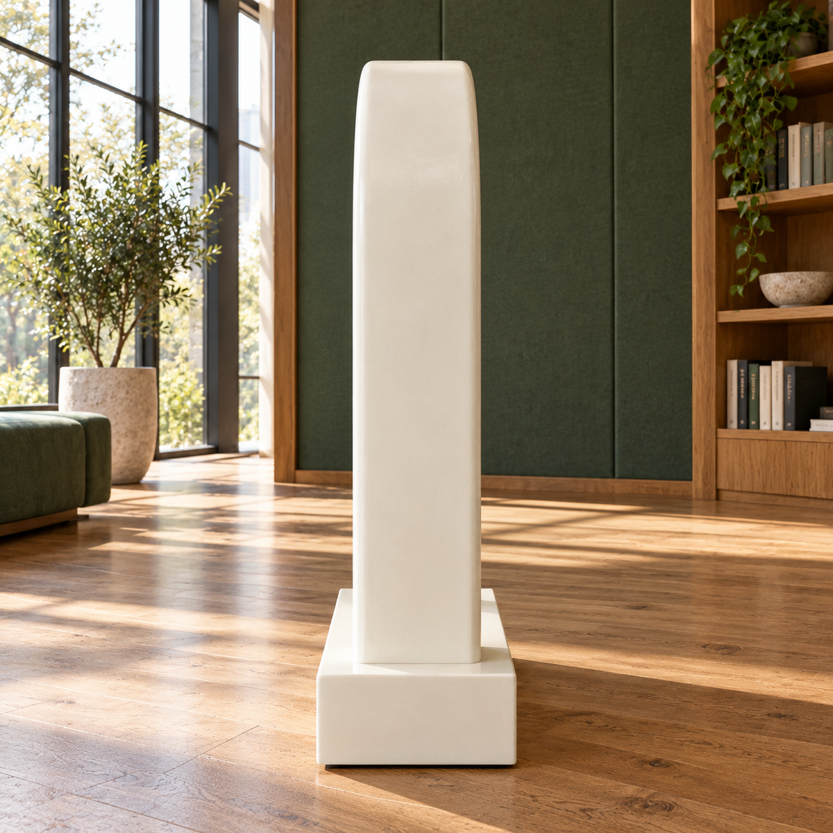 Linen Bridge, ivory fiberglass minimalist twin pillar arch sculpture, side view in Madison design library green felt panels oak floor tall windows