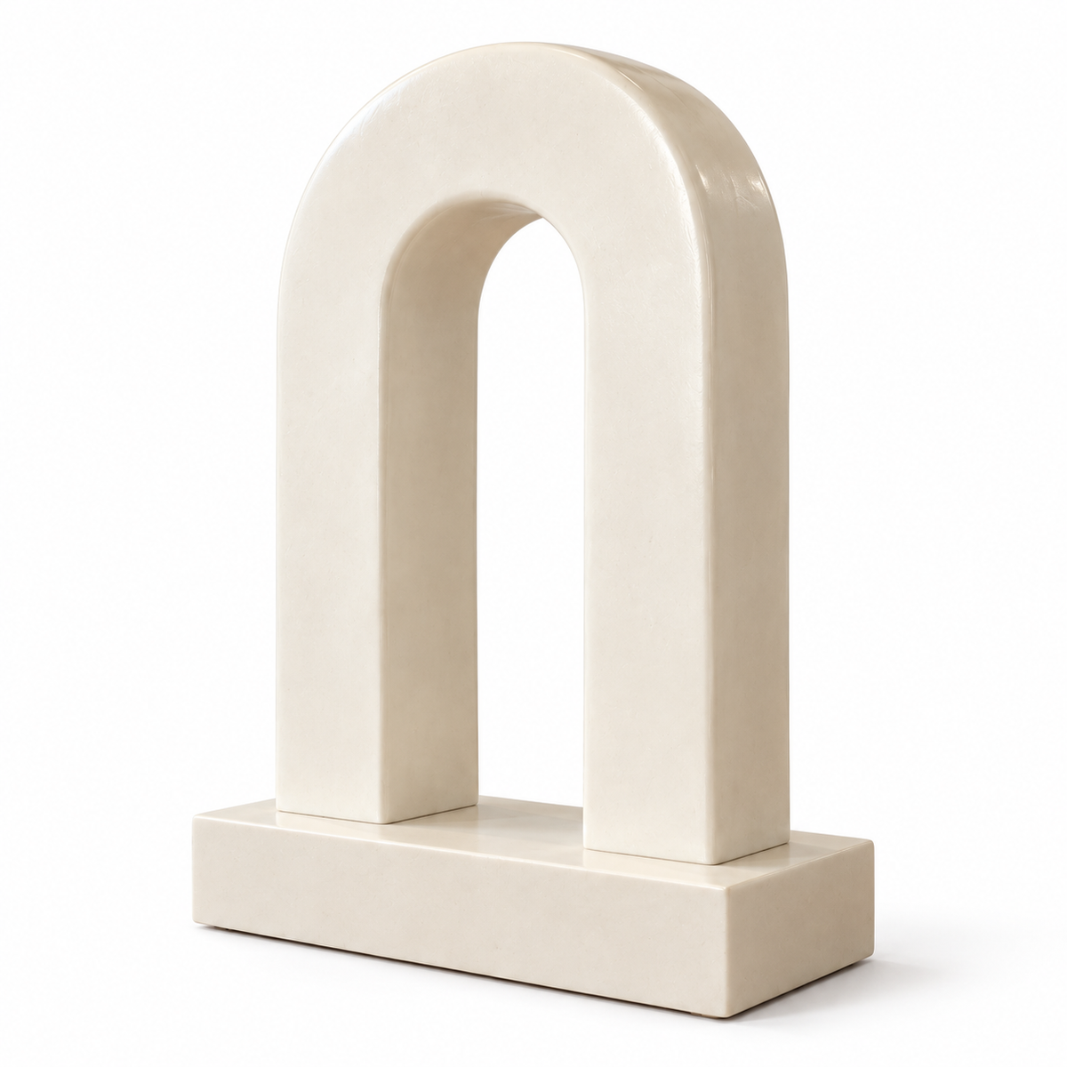 Linen Bridge, ivory fiberglass minimalist twin pillar arch sculpture, isolated on pure white background