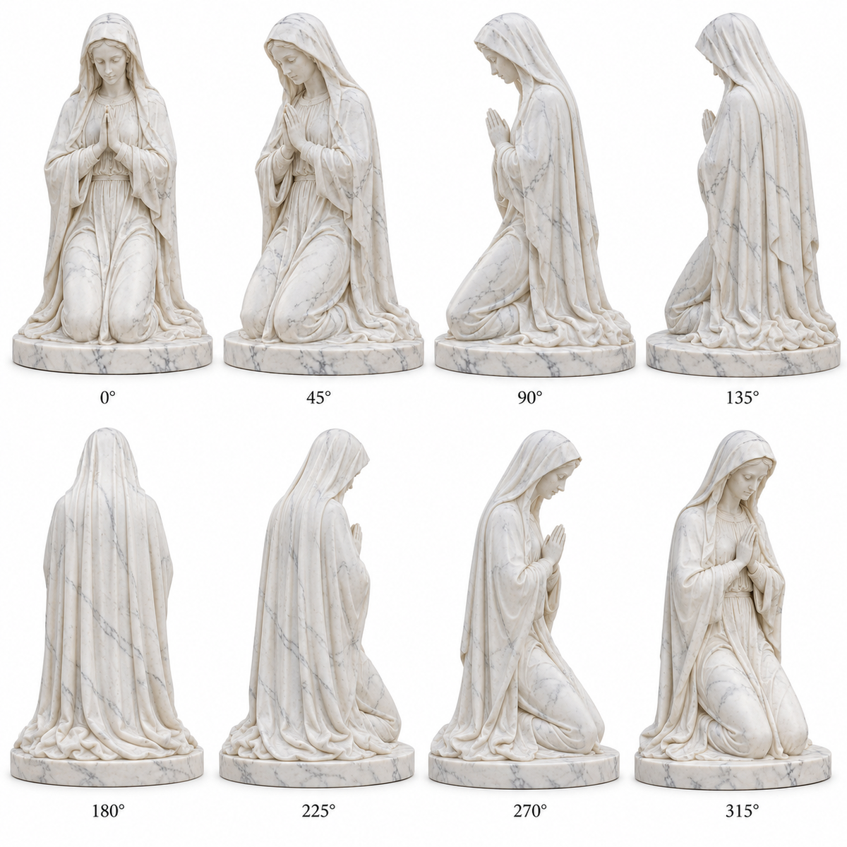 Eight labeled views of Listening Grace white marble kneeling Virgin Mary sculpture, showing front, side and rear details.