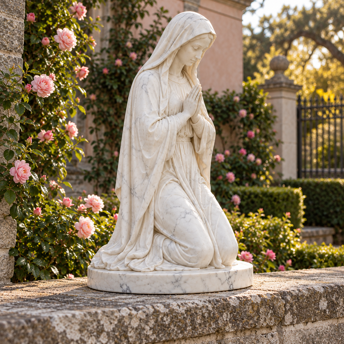 Opposite front three-quarter view of white marble kneeling Virgin Mary sculpture in a South Carolina church walled garden, coquina stone pedestal, camellias and faded pale pink plaster, soft evening.