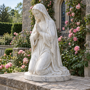 Listening Grace white marble kneeling Virgin Mary sculpture in a Maryland convent rose garden, pale stone ledge, pink climbing roses and old gray-stone chapel wall, diffused daylight.