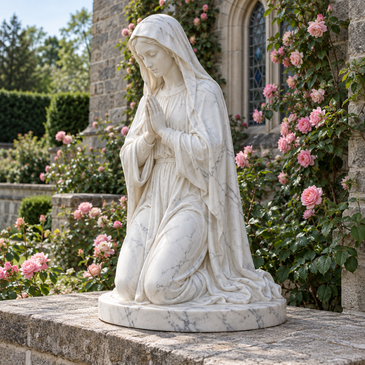 Listening Grace white marble kneeling Virgin Mary sculpture in a Maryland convent rose garden, pale stone ledge, pink climbing roses and old gray-stone chapel wall, diffused daylight.