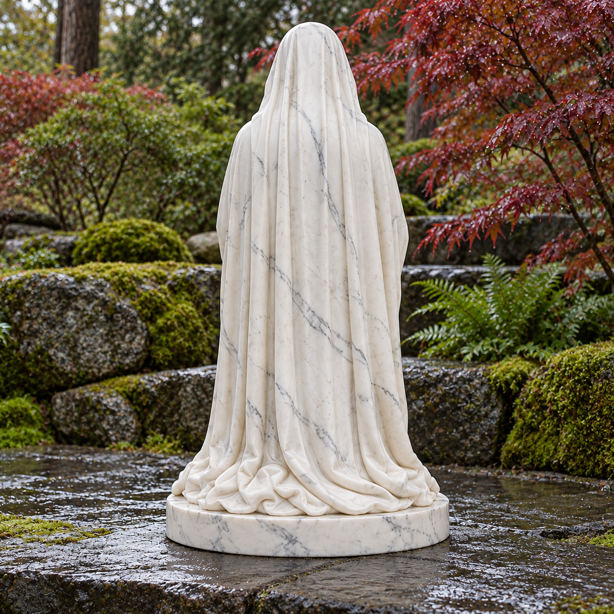 Rear view of white marble kneeling Virgin Mary sculpture in a Pacific Northwest retreat garden, dark slate platform, mossy boulders and Japanese maples, gentle postrain.