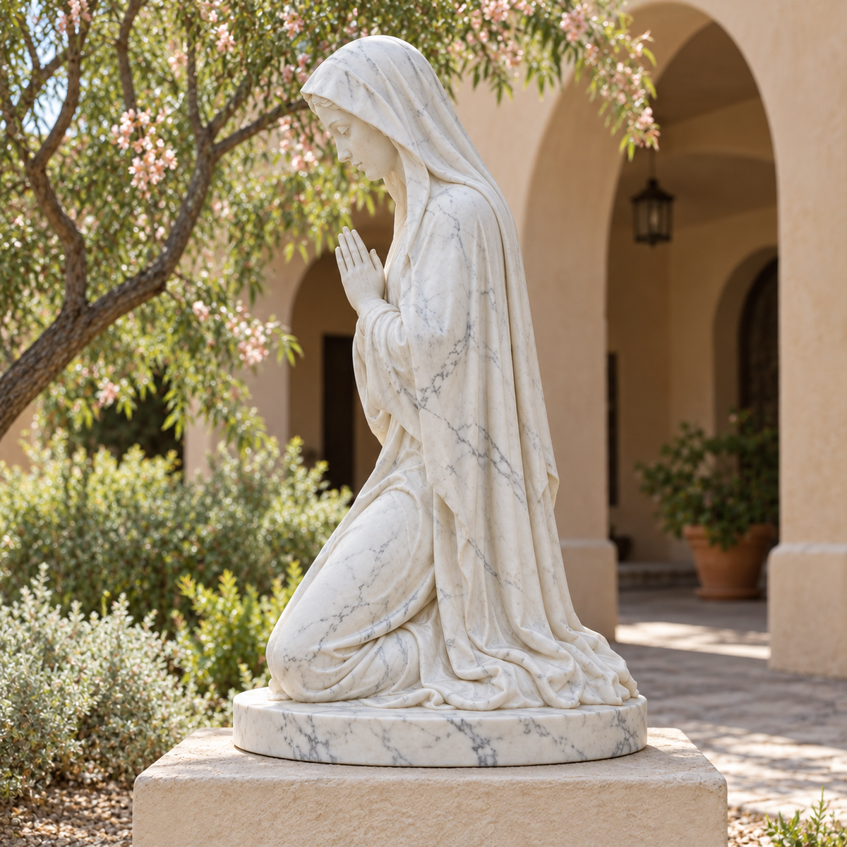 Side view of white marble kneeling Virgin Mary sculpture in a New Mexico monastery covered courtyard, cream plaster plinth, adobe arches and desert willow, soft reflected daylight.