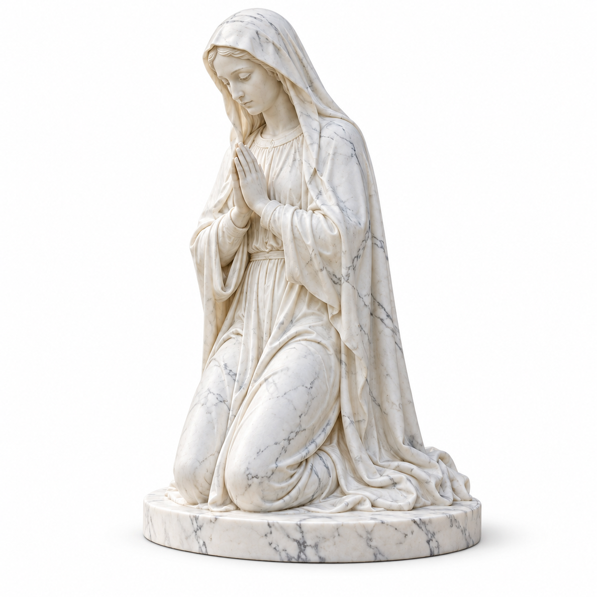 Listening Grace white marble kneeling Virgin Mary sculpture and its integral base on a white background.