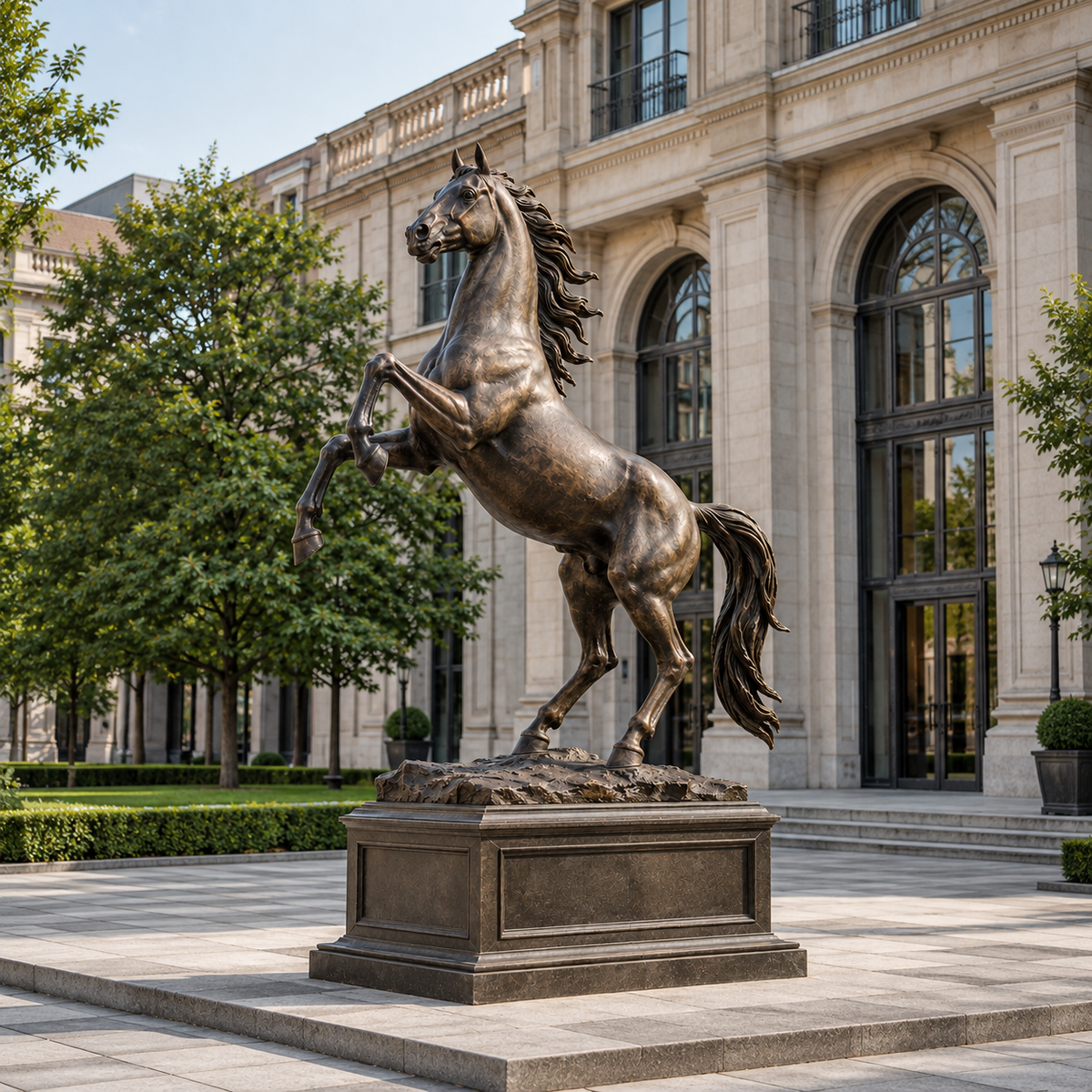 Majestic Rise large bronze rearing horse sculpture displayed in an outdoor garden and landscape setting in front of a classical building.