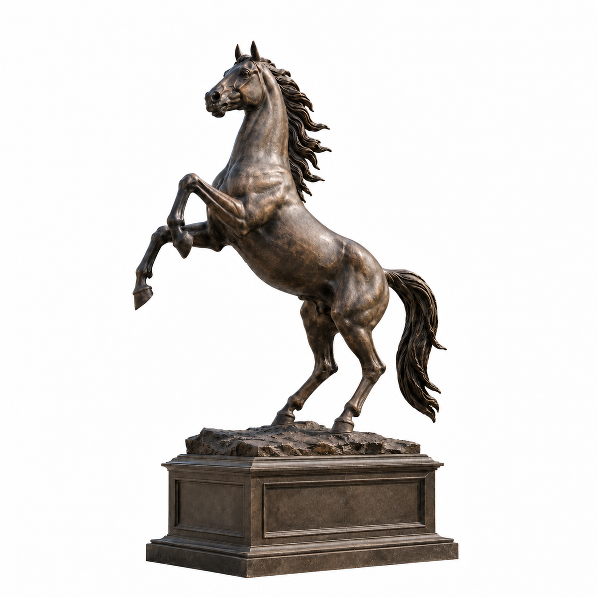 Majestic Rise large bronze rearing horse sculpture isolated on a white background with its pedestal.