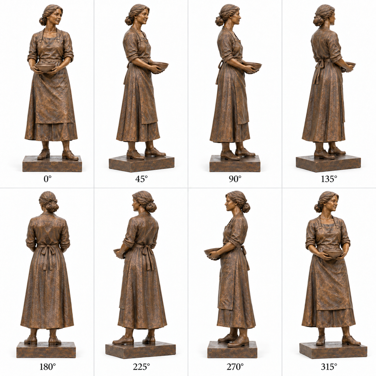 Eight views around Maker's Pause bronze standing artisan with bowl sculpture on a pure white background.
