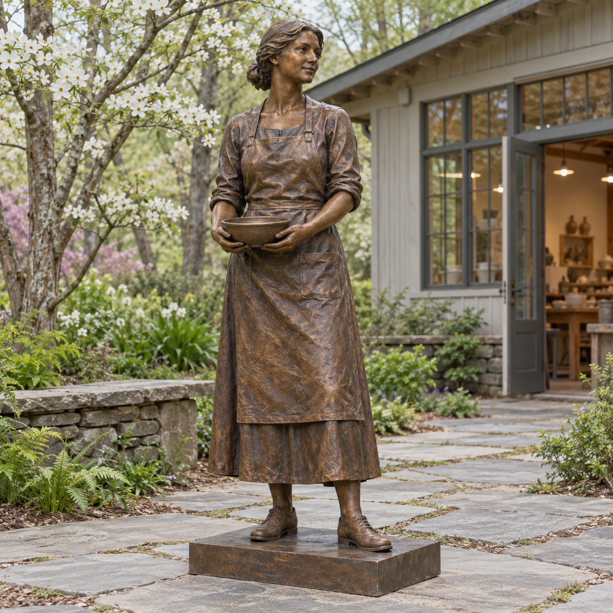 Maker's Pause bronze standing artisan with bowl sculpture in natural daylight.